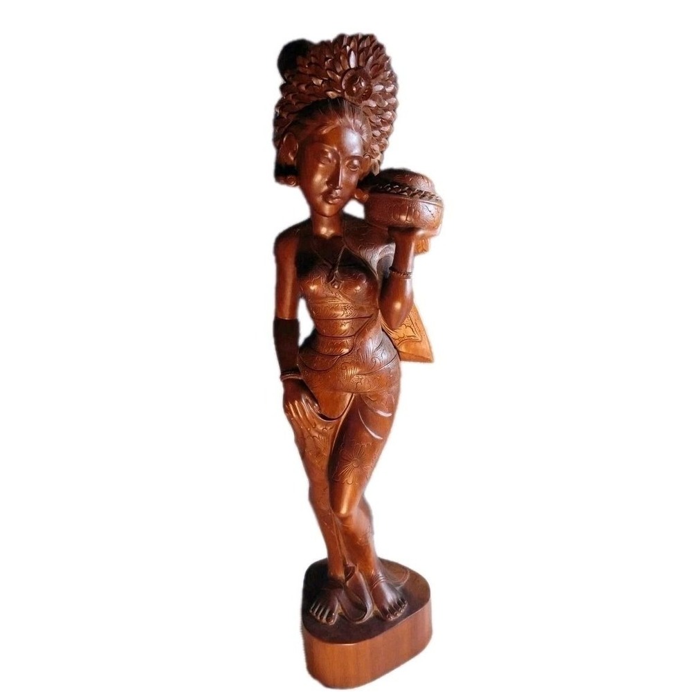 Vtg Asian Bali Carved Wood Statue – 22" Tall Bali Indonesia Figurine Sculpture